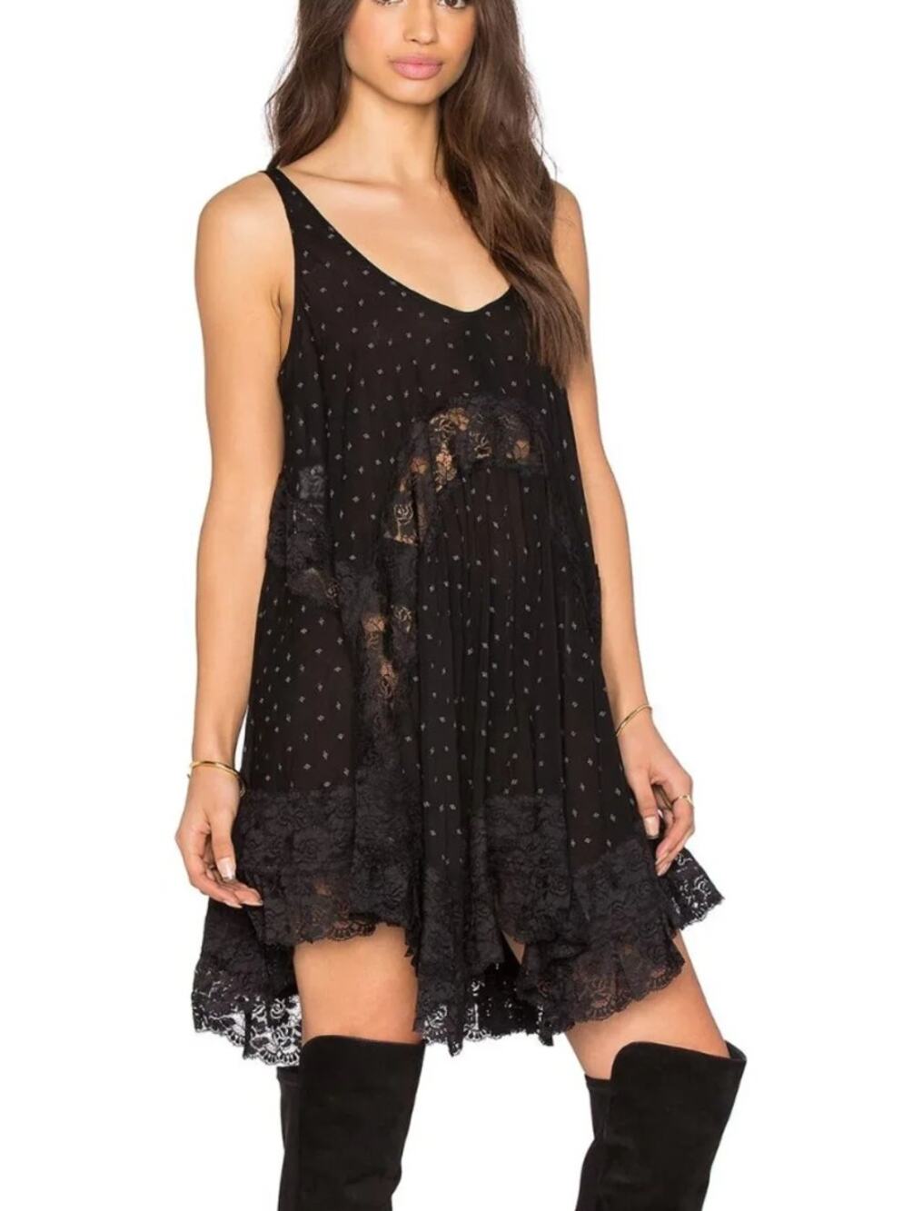 Free People Intimately SHE SWINGS Sheer Lace Rayon Trapeze Slip Dress Tunic S